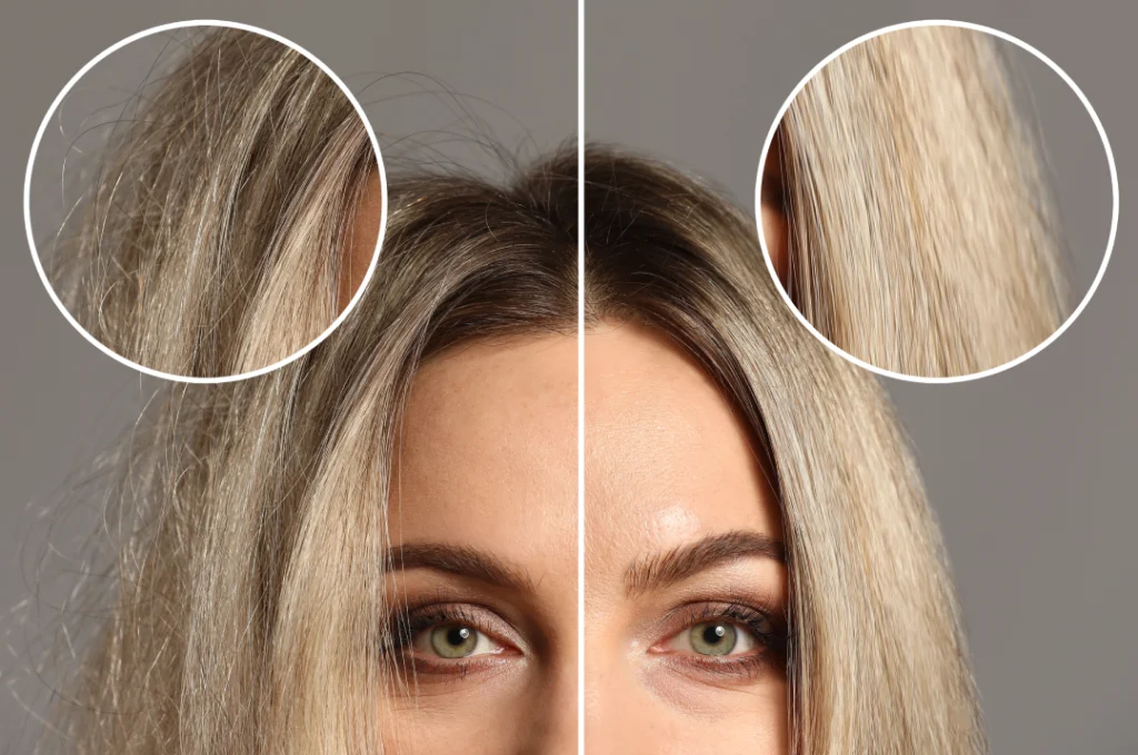 Before and after comparison of frizzy versus smooth hair after keratin hair treatment.