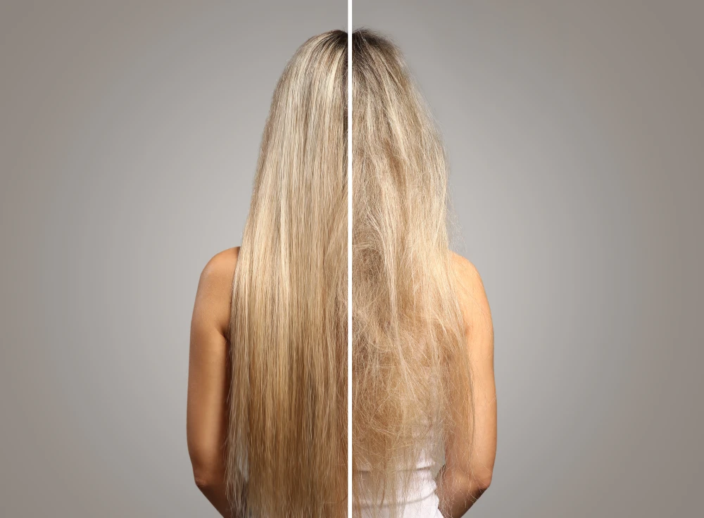 Before and after results of a smoothing hair treatment.