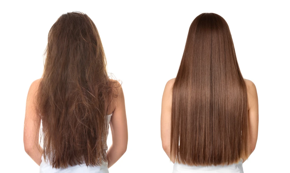 Before and after results of smooth, healthy strands after hair repair.