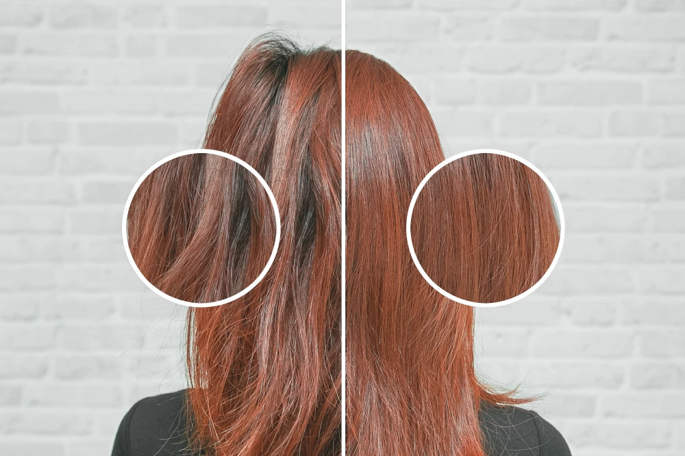 Before and after keratin hair treatment showing smoother, frizz-free hair.