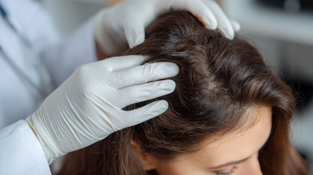 healthcare professional wearing white gloves examining a woman’s scalp with brown hair