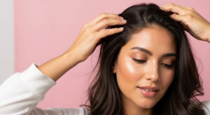 woman with long dark hair gently touching her scalp with both hands