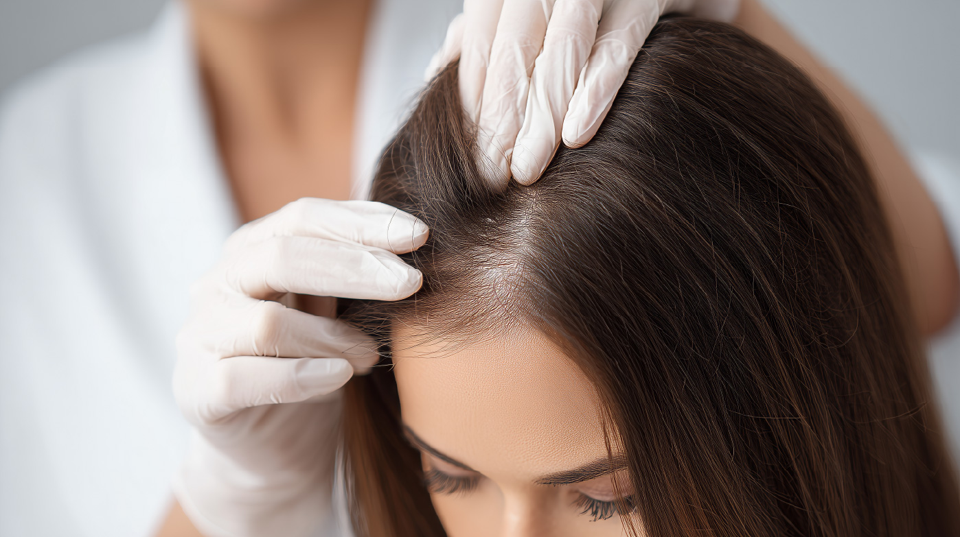 gloved hands parting a woman’s hair to examine the scalp near the hairline