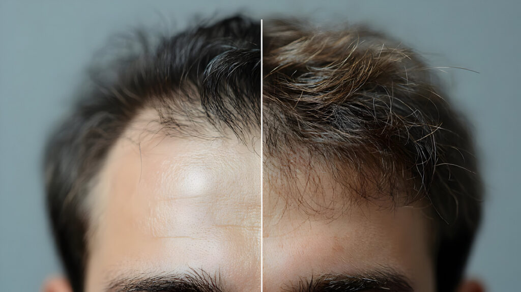 close-up of a man’s hairline divided down the center, showing two different hairline appearances