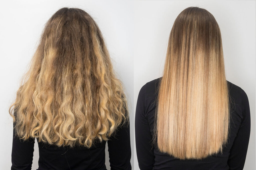 Side-by-side before-and-after showing frizzy hair transformed into smooth, straight hair after a keratin treatment.